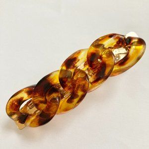 Large Faux Tortoise Acrylic Hair Barrette Gold Tone Clip Weave Chain Thick Long